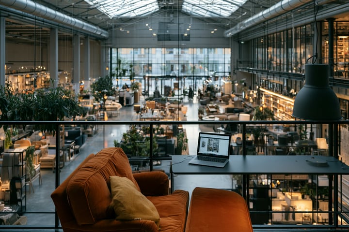 View of a large home furnishing store from the gallery