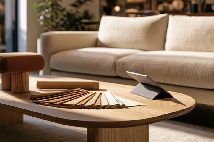 Home furnishing store with a linen two-seater sofa in the showroom